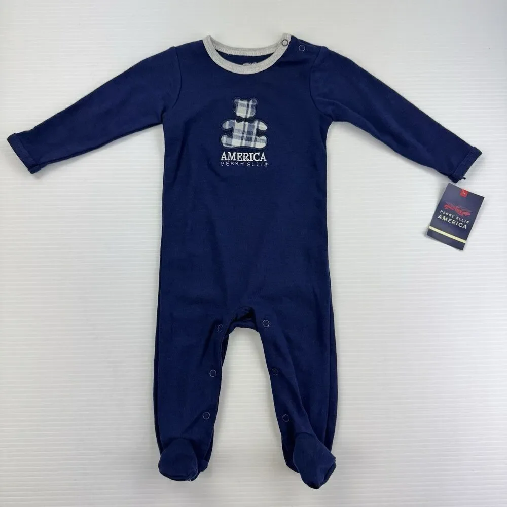 Perry Ellis America Baby Boy Sleeper 9M Navy Plaid Teddy Bear Footed Pajamas NWT
